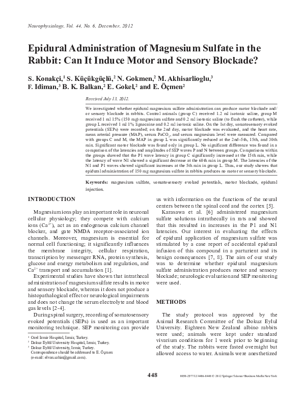 (PDF) Epidural Administration of Magnesium Sulfate in the Rabbit: Can ...