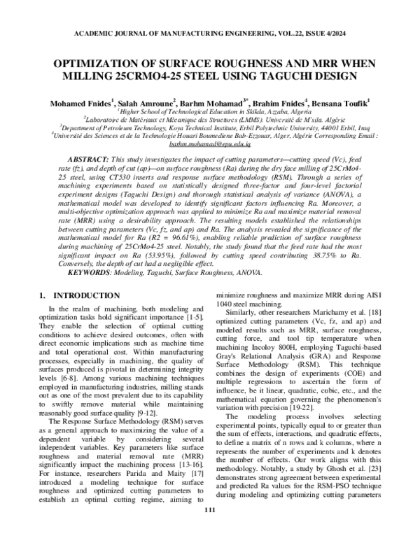 (PDF) OPTIMIZATION OF SURFACE ROUGHNESS AND MRR WHEN MILLING 25CRMO4-25 ...