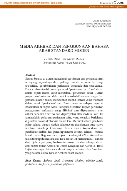 (PDF) Media akhbar dan penggunaan bahasa Arab standard moden