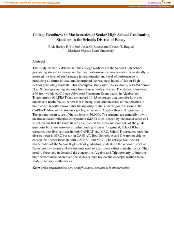 (PDF) College Readiness in Mathematics of Senior High School Graduating ...