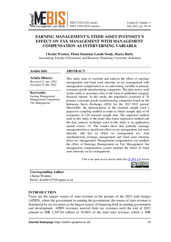 (PDF) Earning Management'S, Fixed Asset Intensity's Effect on Tax ...