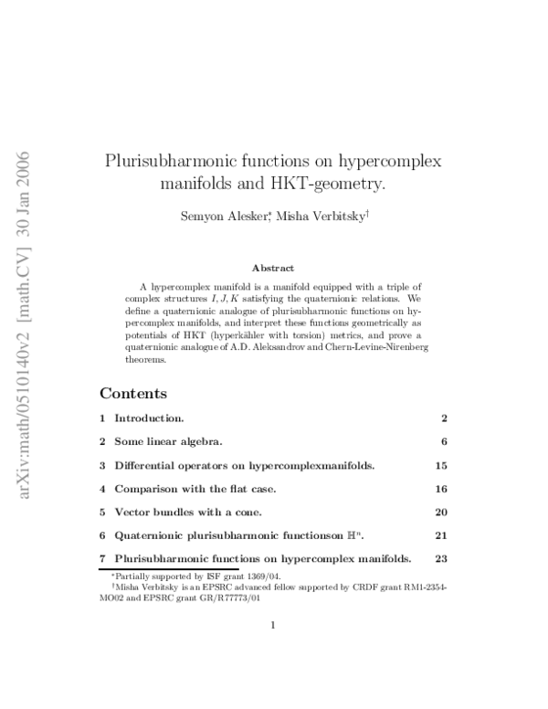(PDF) Plurisubharmonic functions on hypercomplex manifolds and HKT-geometry