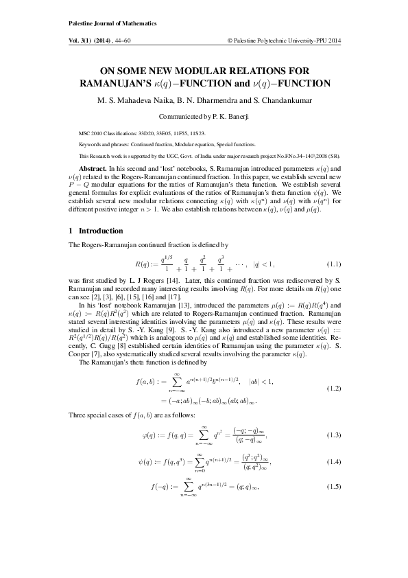 (PDF) ON SOME NEW MODULAR RELATIONS FOR RAMANUJAN'S (q) FUNCTION and (q ...