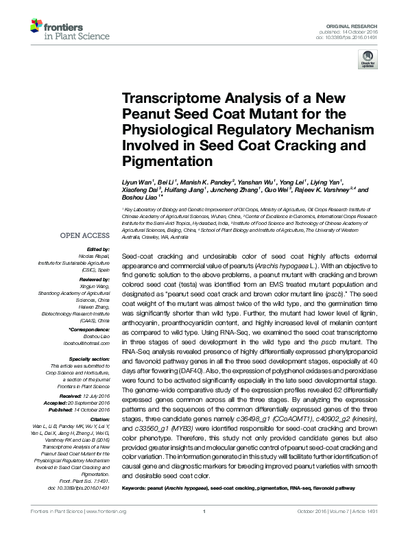 (PDF) Transcriptome Analysis of a New Peanut Seed Coat Mutant for the ...