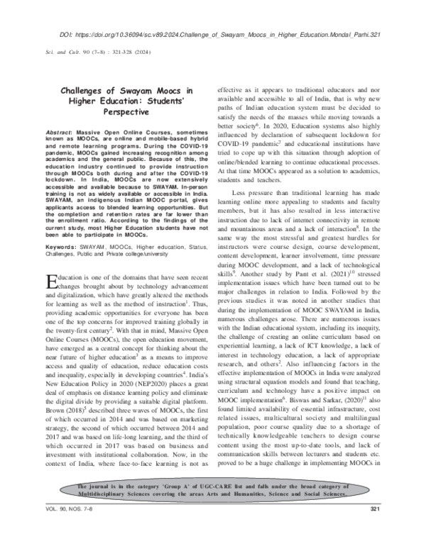 (PDF) Challenges of Swayam MOOCs in Higher Education: Students’ Perspective