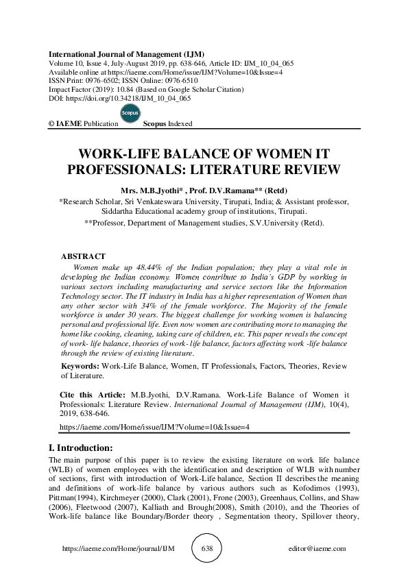 (PDF) Work-life balance of women IT professionals: Literature Review