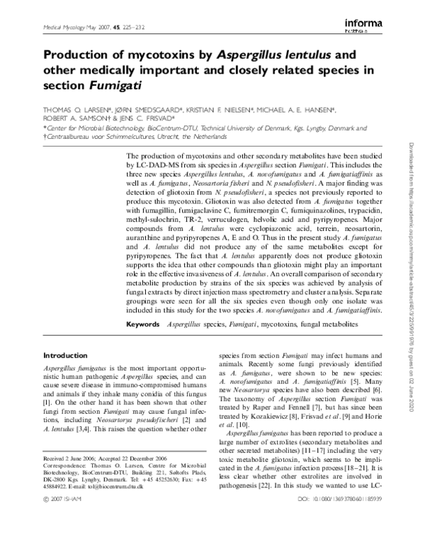 (PDF) Production of mycotoxins by Aspergillus lentulus and other ...