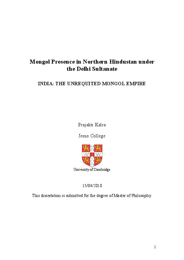 First page of “Mongol Presence in Northern Hindustan under the Delhi Sultanate, INDIA: THE UNREQUITED MONGOL EMPIRE”