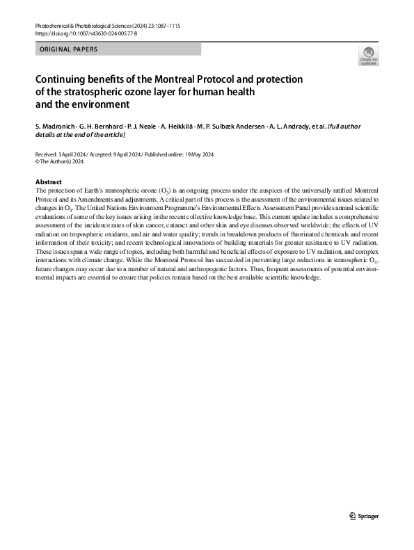 (PDF) Continuing benefits of the Montreal Protocol and protection of ...