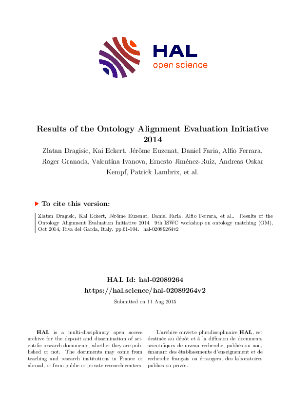 (PDF) Results of the Ontology Alignment Evaluation Initiative 2014