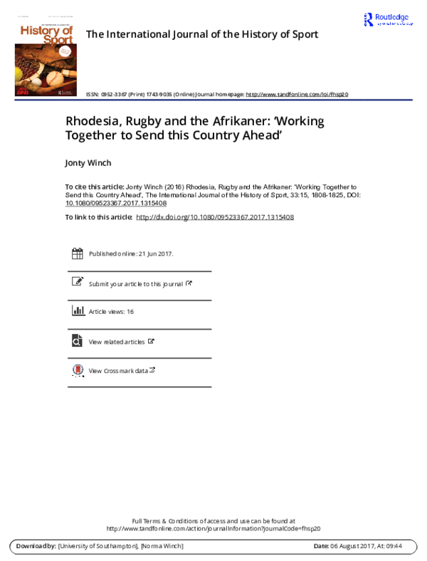 PDF) Rhodesia, Rugby and the Afrikaner: 'Working Together to Send this  Country Ahead'