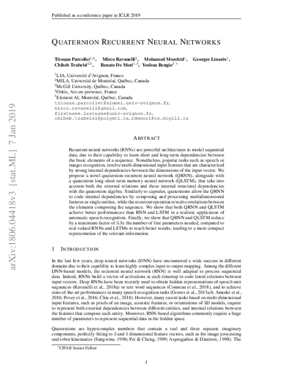 (PDF) Quaternion Recurrent Neural Networks