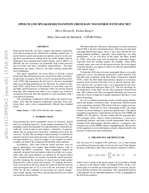 (PDF) Speech and Speaker Recognition from Raw Waveform with SincNet