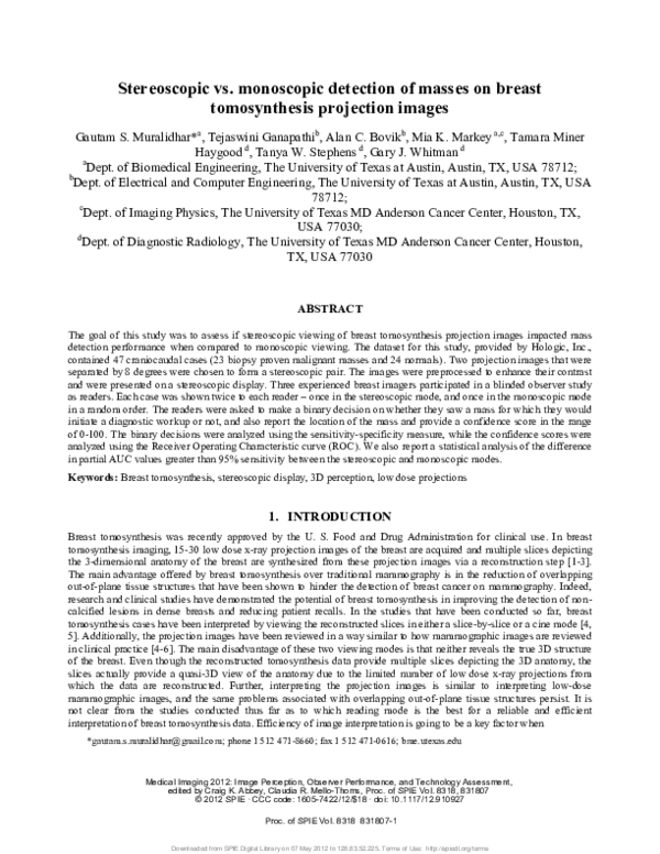 (PDF) Stereoscopic versus monoscopic detection of masses on breast ...