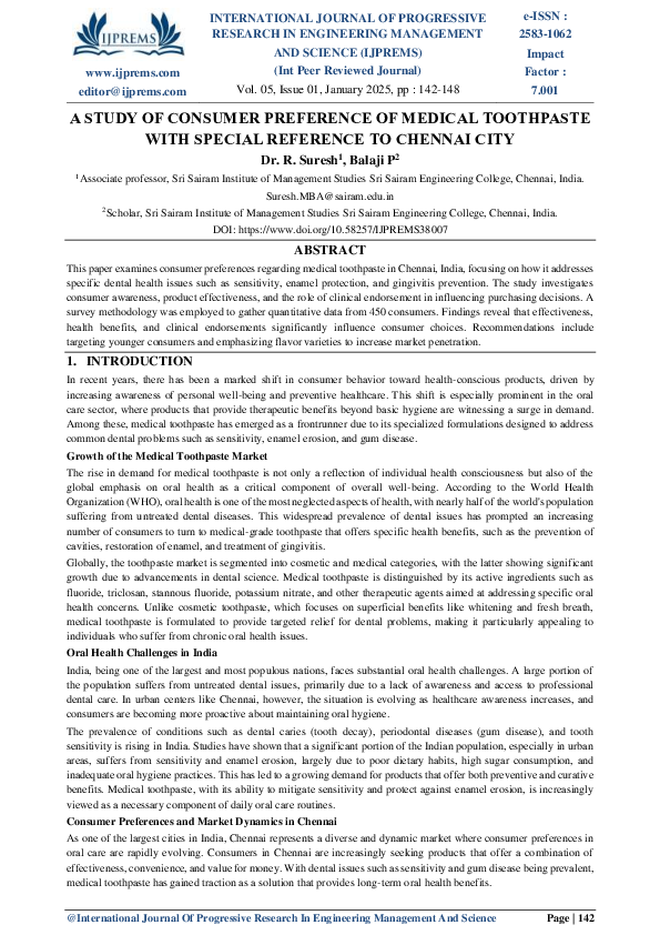 (PDF) A STUDY OF CONSUMER PREFERENCE OF MEDICAL TOOTHPASTE WITH SPECIAL ...