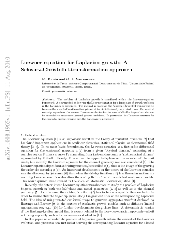 (PDF) Loewner equation for Laplacian growth: A Schwarz-Christoffel ...