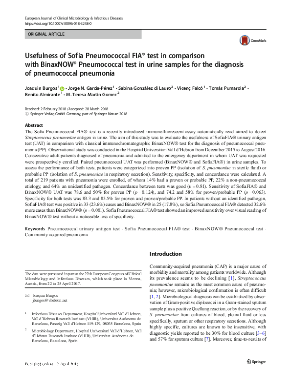 (PDF) Usefulness of Sofia Pneumococcal FIA® test in comparison with ...