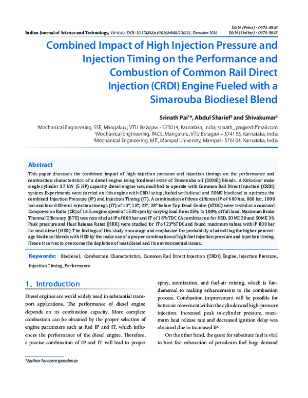(PDF) Combined Impact of High Injection Pressure and Injection Timing ...