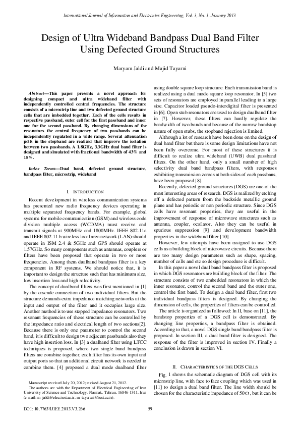 (PDF) Design of Ultra Wideband Bandpass Dual Band FilterUsing Defected ...