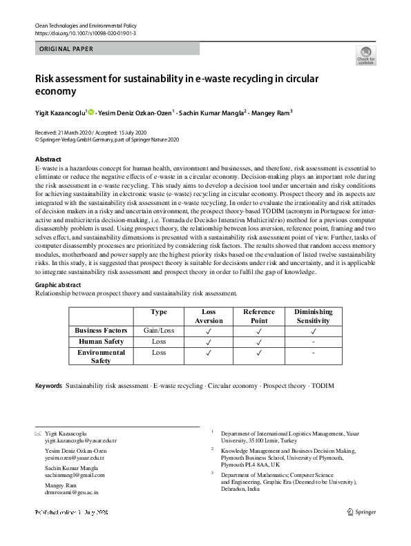 (PDF) Risk assessment for sustainability in e-waste recycling in ...