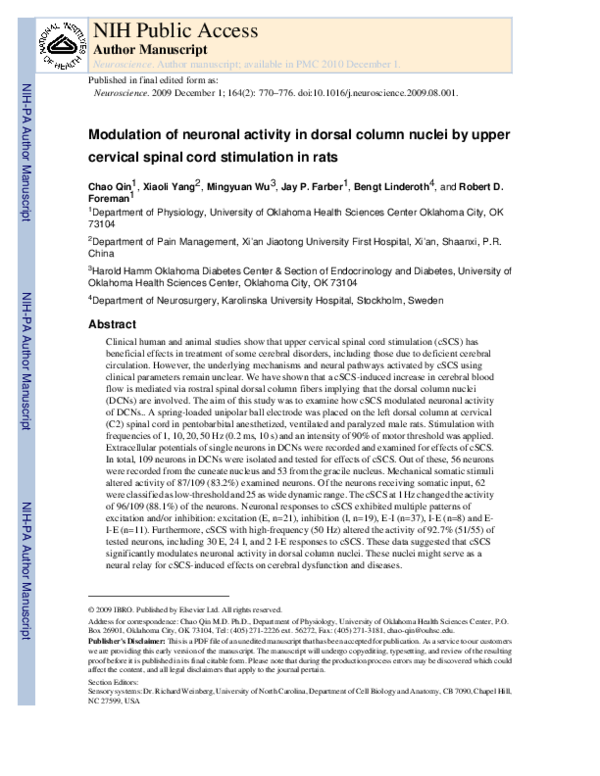 (PDF) Modulation of neuronal activity in dorsal column nuclei by upper ...