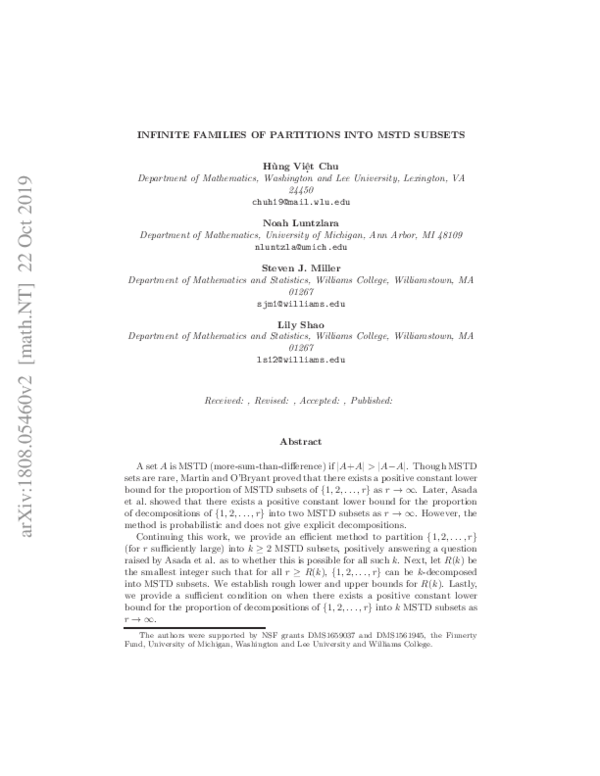 (PDF) Infinite Families of Partitions into MSTD Subsets
