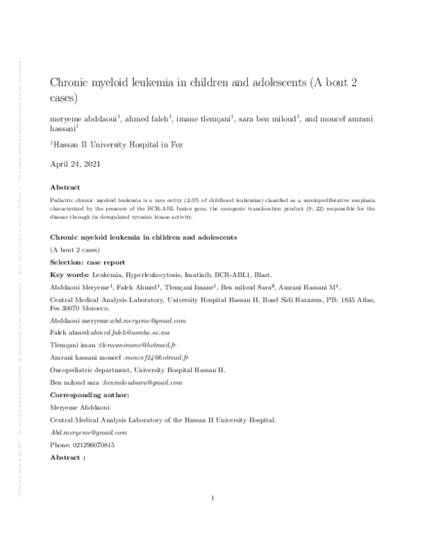 (PDF) Chronic myeloid leukemia in children and adolescents (A bout 2 cases)