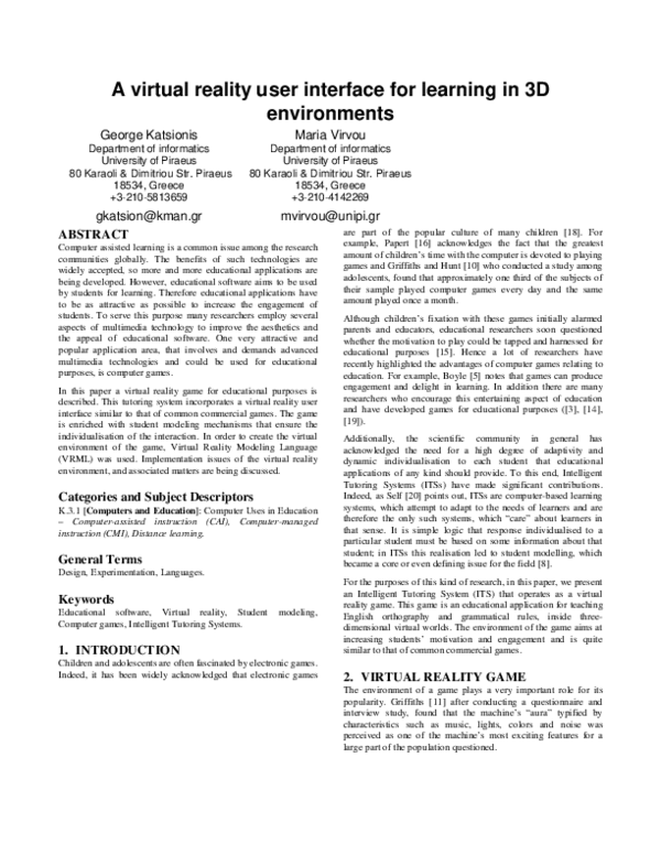 (PDF) A virtual reality user interface for learning in 3D environments