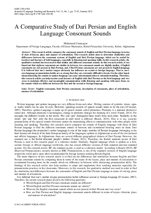 (PDF) A Comparative Study of Dari Persian and English Language ...