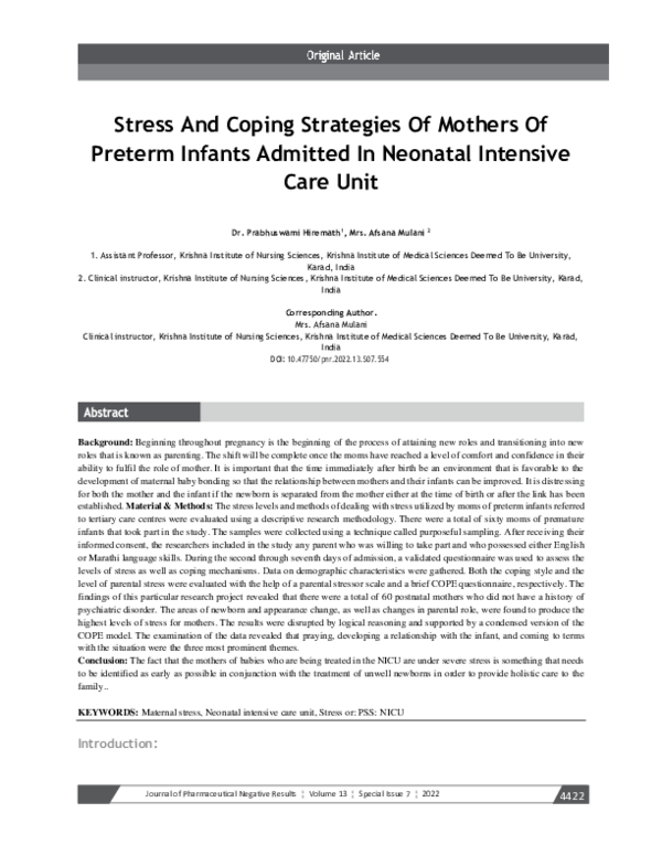 (PDF) Stress And Coping Strategies Of Mothers Of Preterm Infants ...