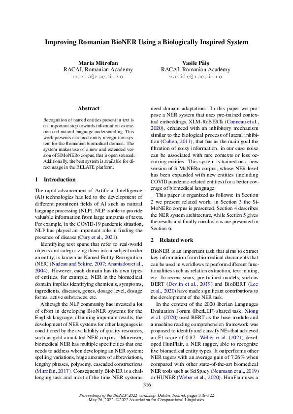 (PDF) Improving Romanian BioNER Using a Biologically Inspired System