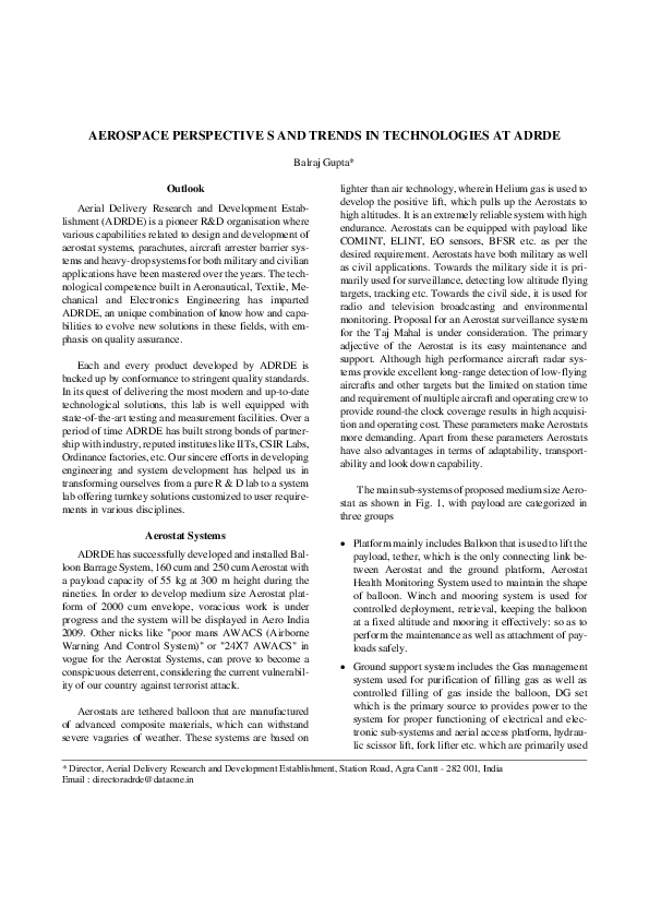 (PDF) Aerospace Perspectives and Trends in Technologies at ADRDE