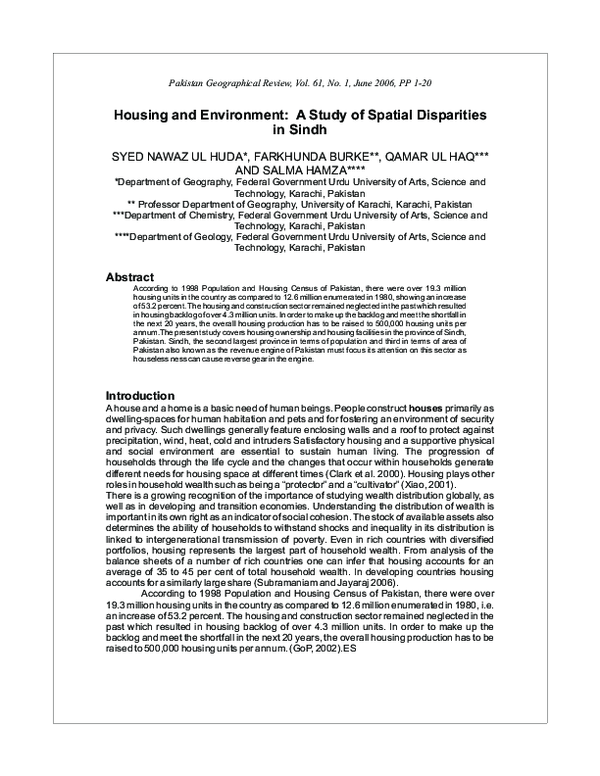 (PDF) Housing and Environment: A Study of Spatial Disparities in Sindh ...