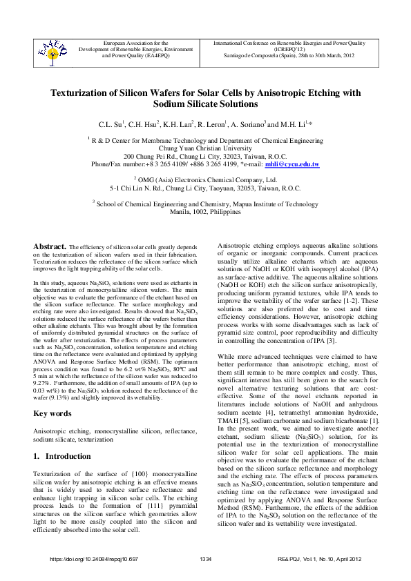 (PDF) Texturization of Silicon Wafers for Solar Cells by Anisotropic ...