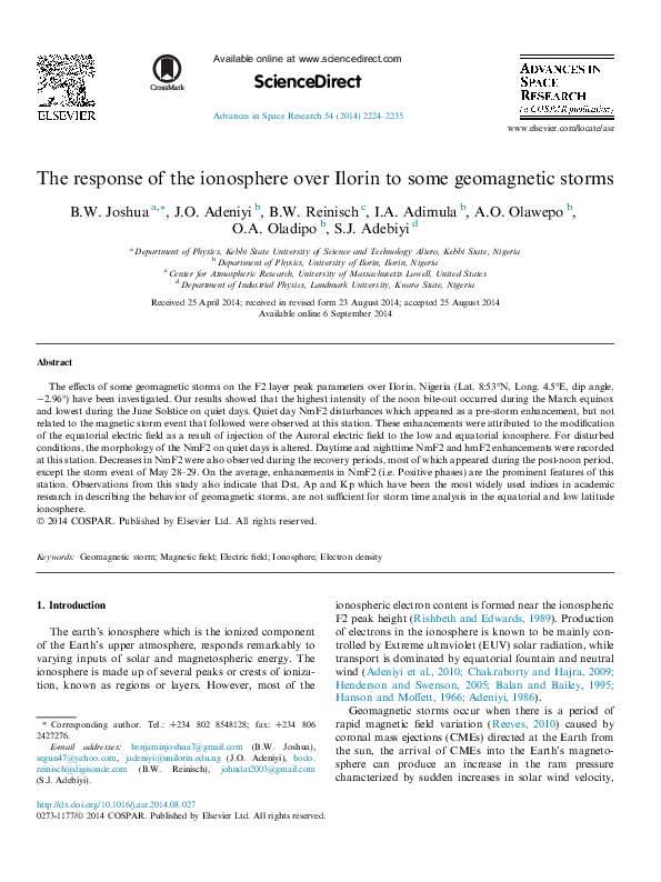 (PDF) The response of the ionosphere over Ilorin to some geomagnetic storms