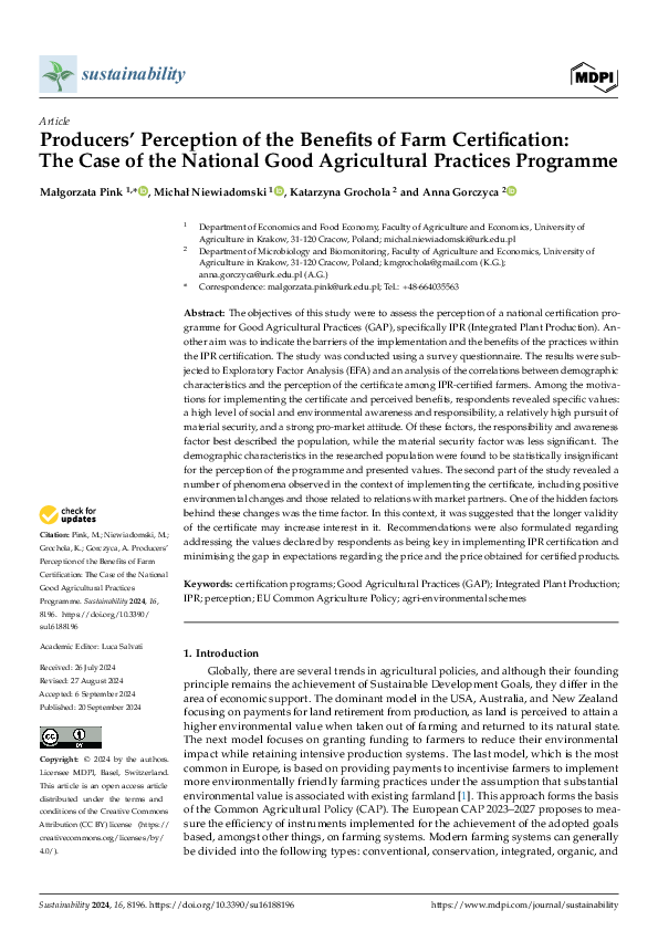 (PDF) Producers’ Perception of the Benefits of Farm Certification: The ...