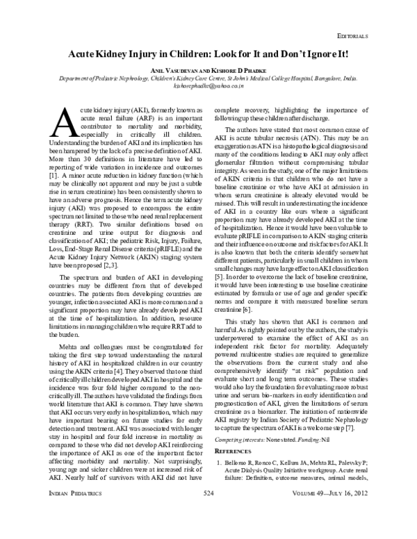 (PDF) Acute kidney injury in children: Look for it and don’t ignore it!