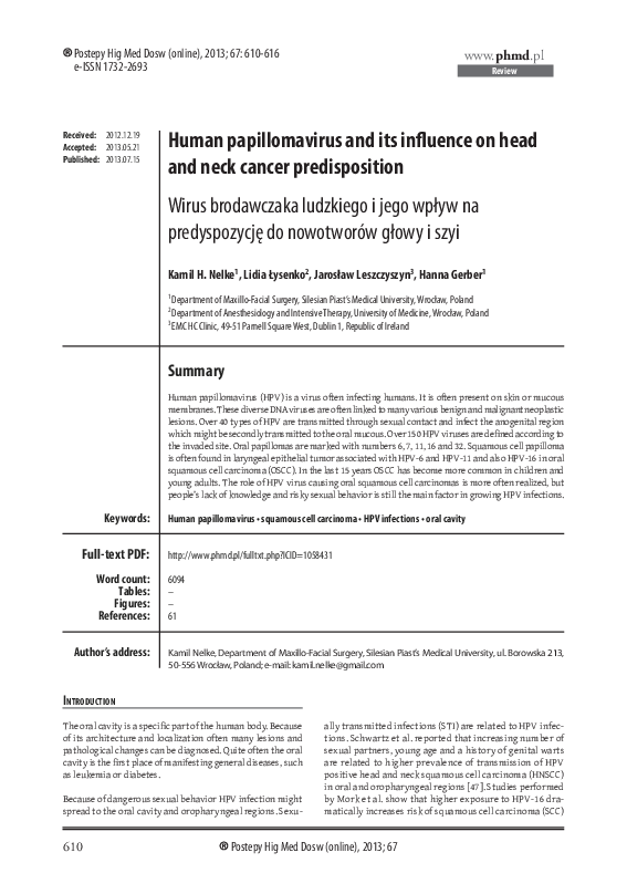 (PDF) Human papillomavirus and its influence on head and neck cancer ...