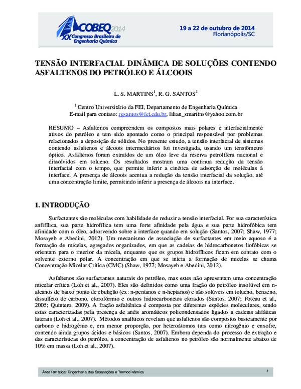 (PDF) Tensão Interfacial Dinâmica De Soluções Contendo Asfaltenos Do ...