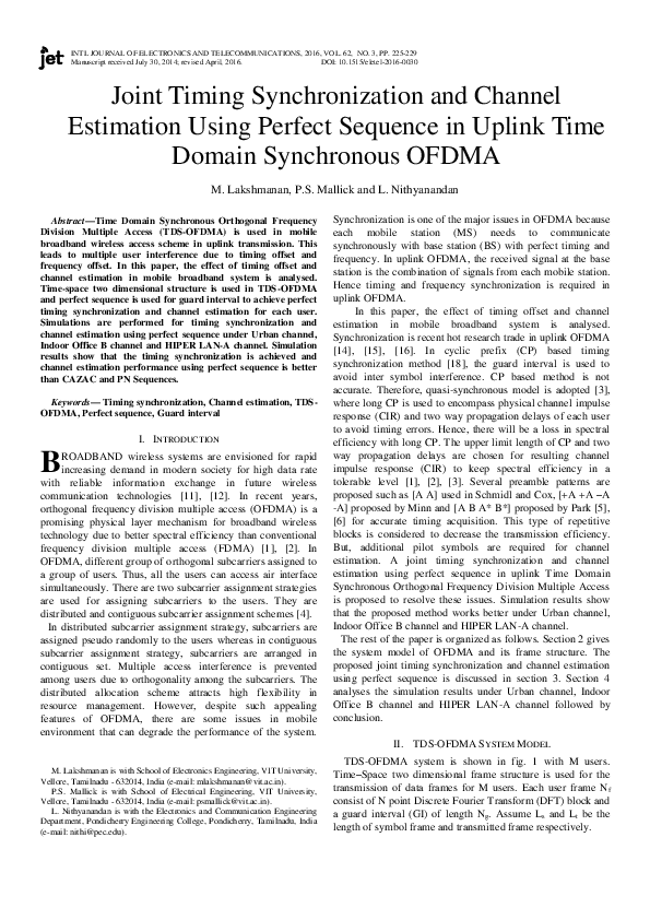 (PDF) Joint Timing Synchronization and Channel Estimation for OFDM ...