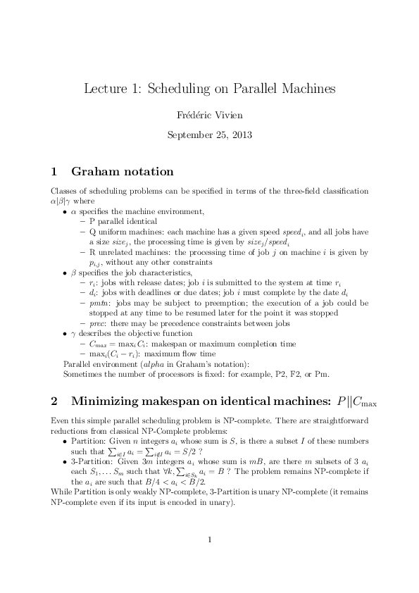 (PDF) Lecture 1 : Scheduling on Parallel Machines