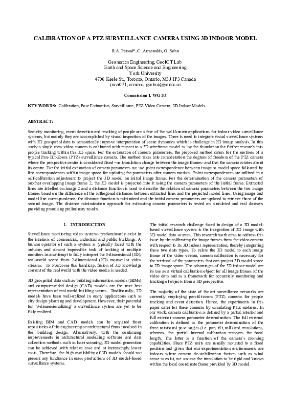 (PDF) Calibration of a PTZ surveillance camera using 3D indoor model