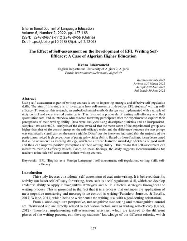 (PDF) The Effect of Self-assessment on the Development of EFL Writing ...