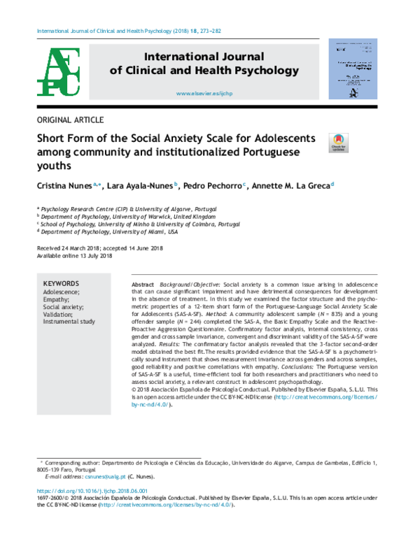 (PDF) Short Form of the Social Anxiety Scale for Adolescents among ...
