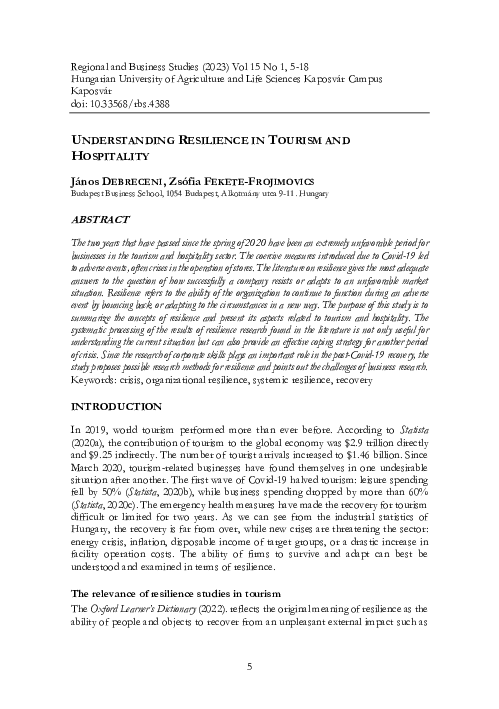 (PDF) Understanding Resilience in Tourism and Hospitality