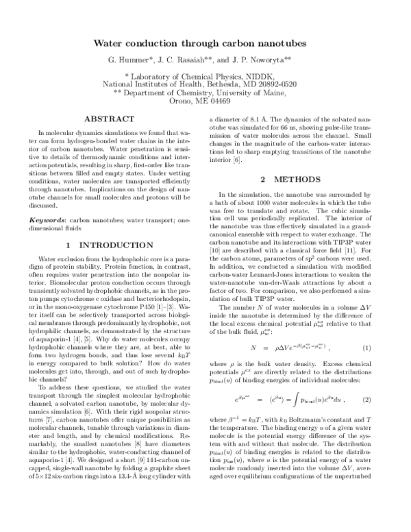 (PDF) Water conduction through carbon nanotubes