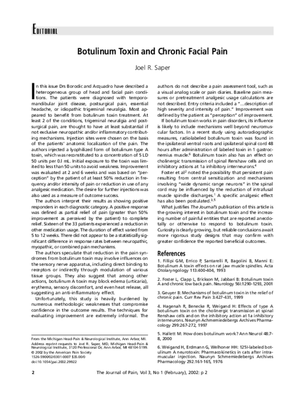 Pdf Botulinum Toxin And Chronic Facial Pain