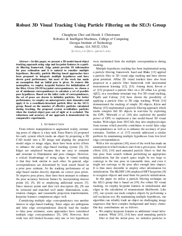 (PDF) Robust 3D visual tracking using particle filtering on the SE(3) group