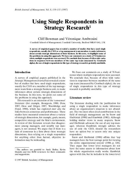 (PDF) Using Single Respondents in Strategy Research