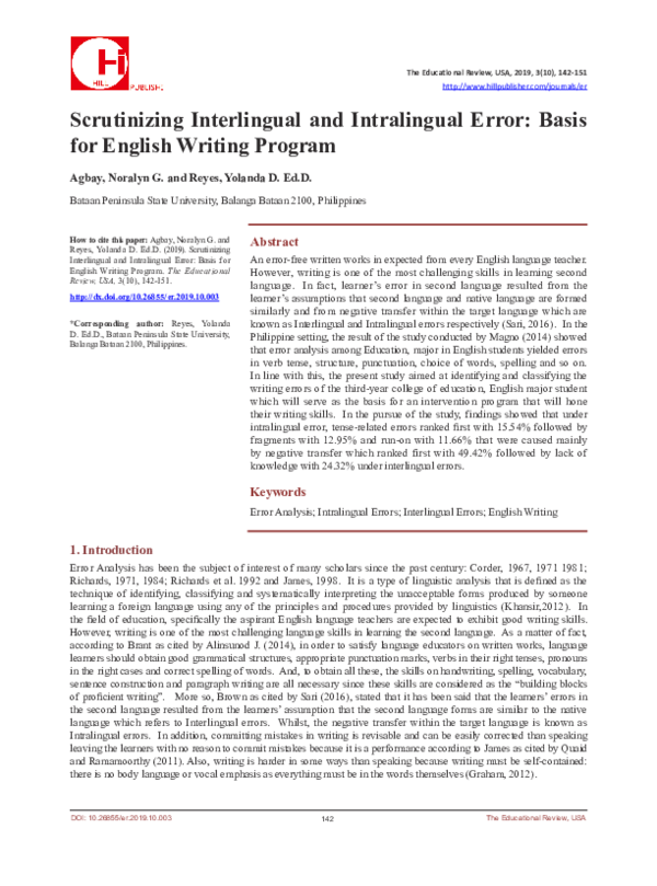 (PDF) Scrutinizing Interlingual and Intralingual Error: Basis for ...
